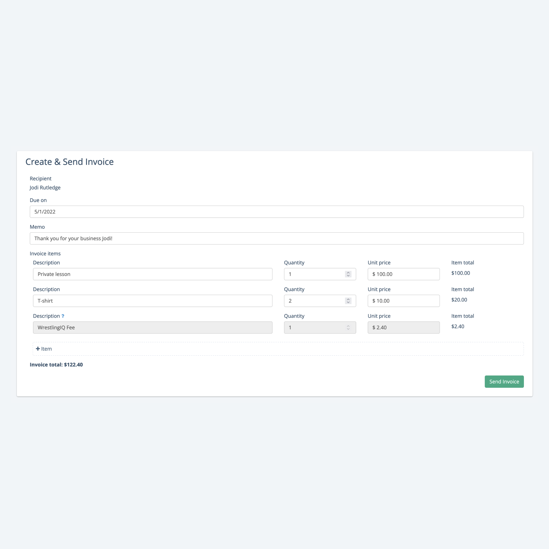Screenshot of one off invoice set up