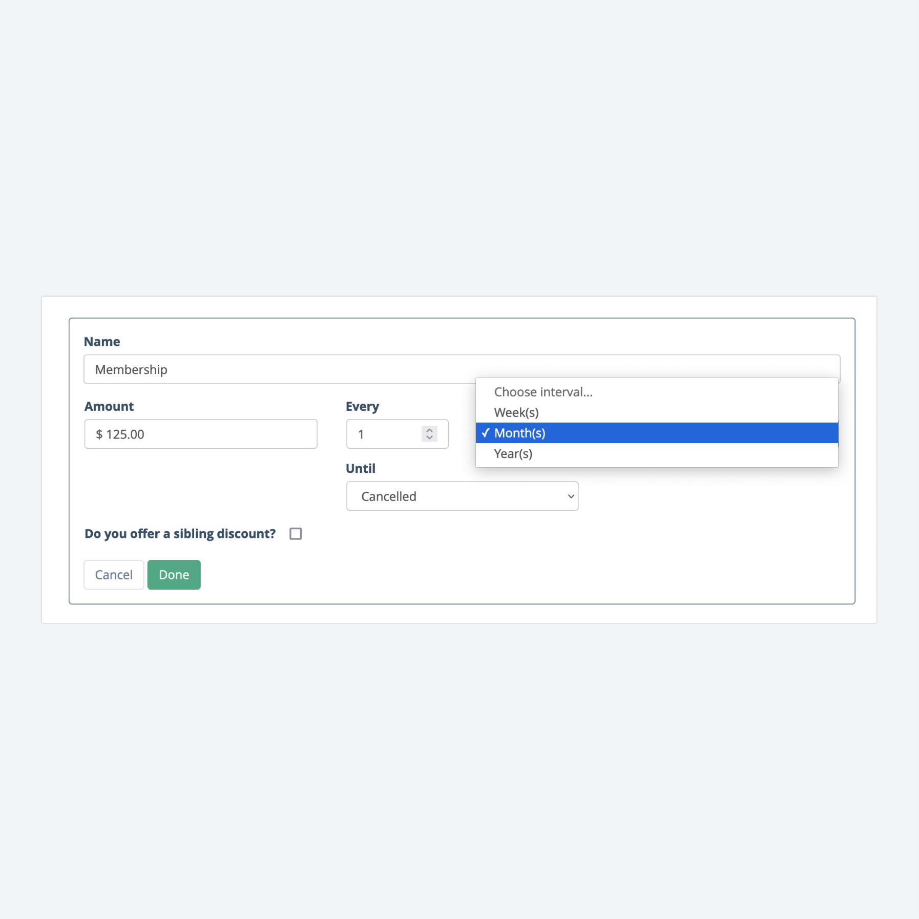 Screenshot of membership configuration