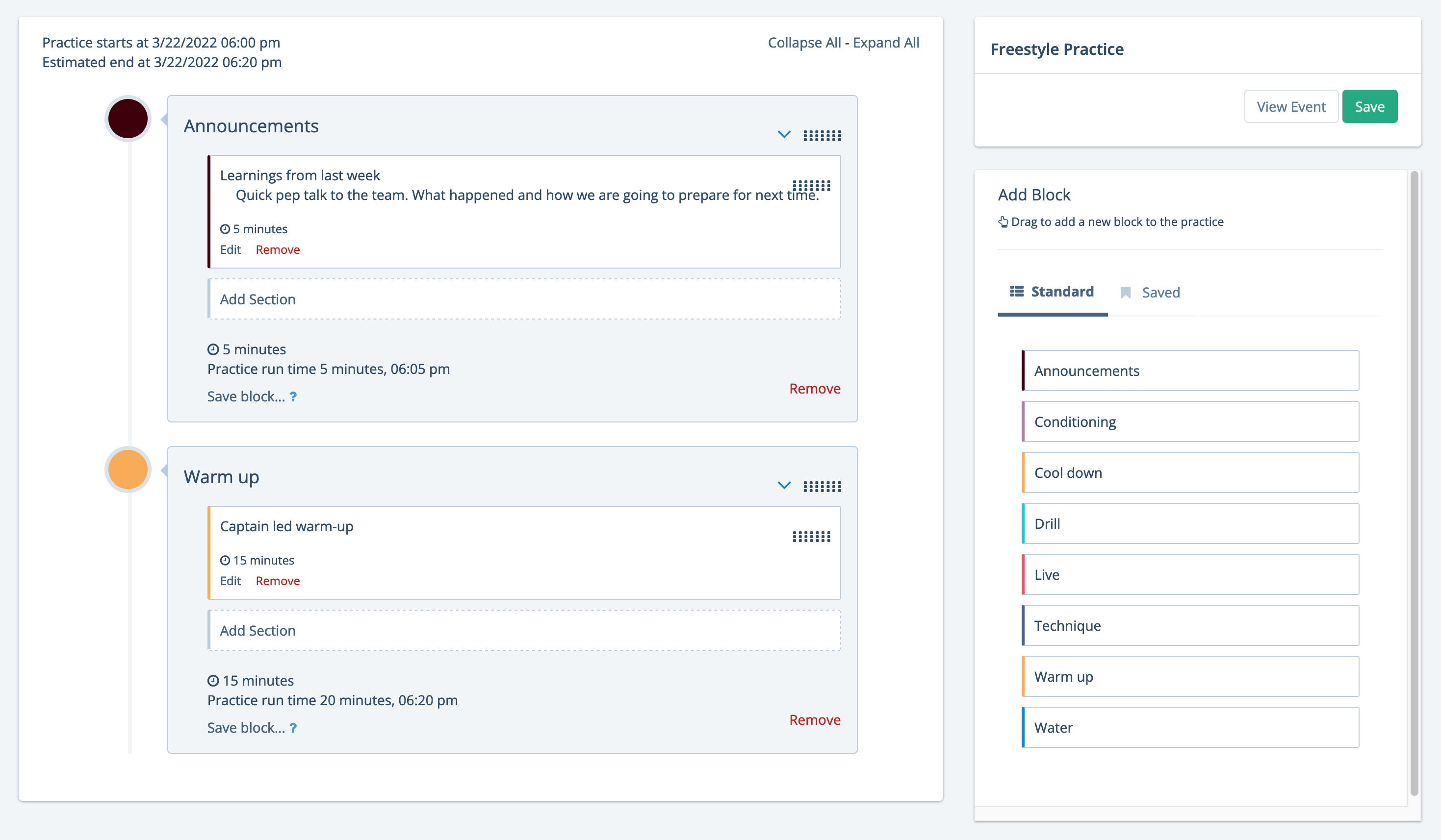 Practice plan builder screenshot